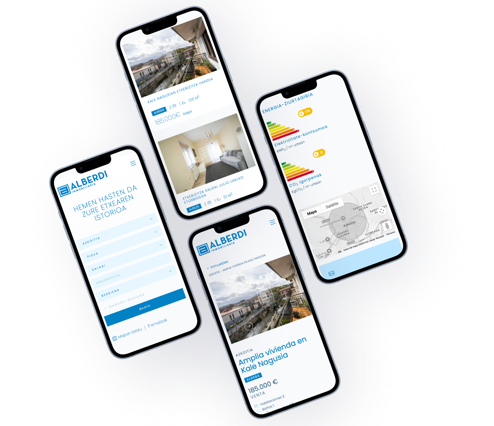 Imagen de cuatro iphones dispuestos en forma de cruz ladeada hacia la izquierda y que muestran diferentes apartados de la nueva web de Alberdi Inmobiliaria